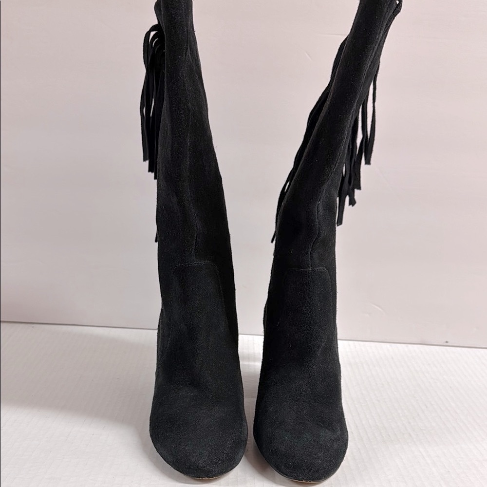 Black Suede Fringe Knee-High Boots - Picture 4 of 7